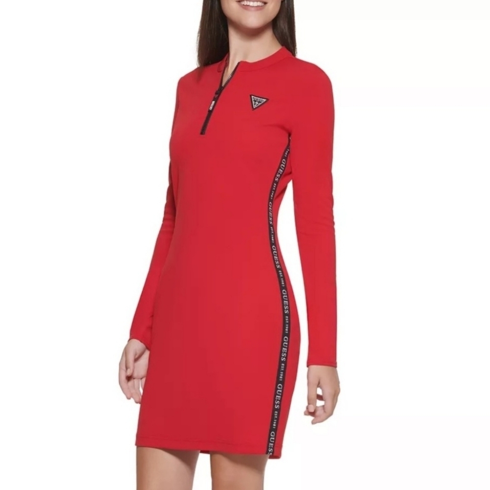 Guess Women's Red With Logo On Side Mockneck Feminine bodycon Mini Dress Sz S